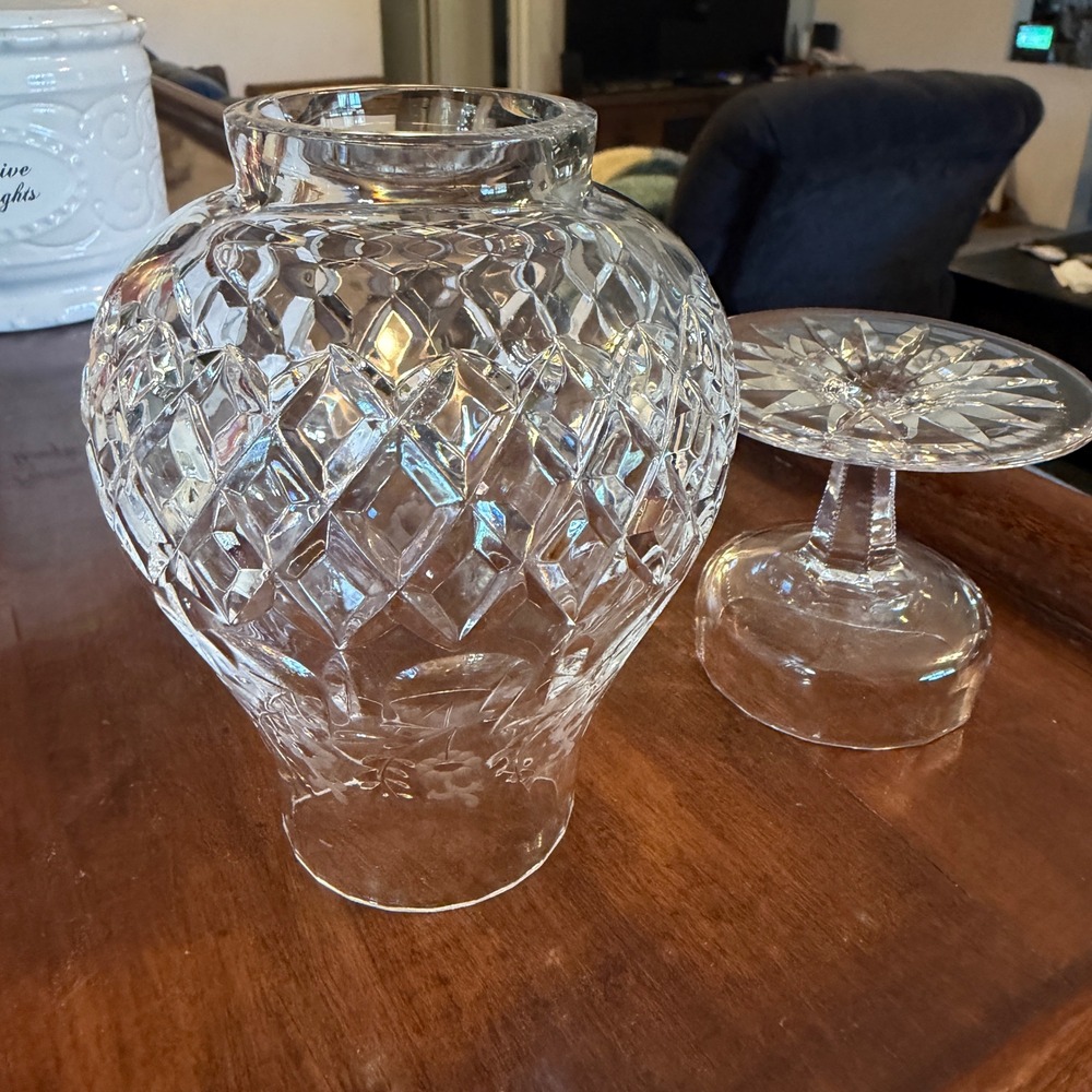 Vintage Crystal Hurricane Candle Holder Etched Floral Diamond 2 Piece Clear 7.5" - Picture 15 of 16